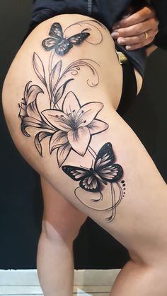 Thigh Tats For Women Butterfly, Female Leg Tattoos Thigh Piece, Hip Thigh Tattoos, Tattoos For Women Flowers, Leg Tattoos Women