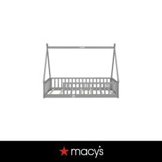 a metal bed frame with the words macy's above it and an image of a white