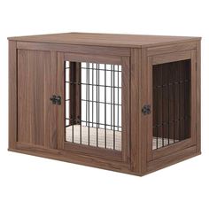 a wooden dog crate with metal bars on the front and sides, open doors at the top