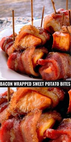 bacon wrapped sweet potato bites on a plate