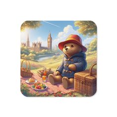 a painting of a teddy bear sitting on a picnic blanket in front of a castle