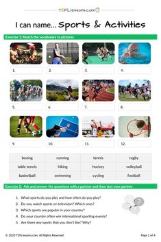 the sports and activities worksheet is shown in this graphic style, with pictures of people