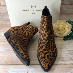 Like New In Box. Retail Value: $225 Material: Calf Hair Toe: Pointed Toe Heel: Approximately 1in. Closure: Zipper At Inner Ankle 514202 - 7.5m 517834 - 6.5m Chic Leopard Print Leather Boots, Leopard Print Leather Pointed Toe Boots, Leopard Print Pointed Toe Leather Boots, Leopard Print Leather Boots With Pointed Toe, Pointed Toe Heels, Marc Fisher, Calf Hair, Black And Tan, Bootie