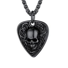 PRICES MAY VARY. 🎸 💀 Creative Guitar Pick Pendant with Skull, rock and punk jewelry for men and women. Necklace Material : surgical Stainless Steel based, vacum plated with Thick black metal, robust, easy to maintain and lasting color, lead free, nickel free, hypoallergenic ! polished finish rope chain and textured pendant front side. Dimension : Guitar Pick measures 1.45" x 1" /35 x 26mm, 6mm thick ; Chain width 3mm, length 22"+2 inches extension link. Necklace weight 27 grams. Punk Rock Neck Necklace Men Gold, Pick Necklace, Guitar Pick Necklace, Rock Necklace, Musical Jewelry, Gothic Skull, Gothic Necklace, Necklace Men, Punk Jewelry