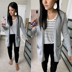 Grey Cardigan Sweater Outfit, Joggers With Cardigan Outfit, Black Joggers Business Casual, Work Outfits With Cardigans, Jeans And Black Cardigan Outfit, Grey Cardigan Work Outfit, Tops With Joggers Outfit, Charcoal Joggers Outfit, Black Joggers Outfit Spring