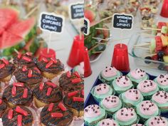 cupcakes, watermelon and other treats are on display at a party