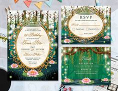 an image of a wedding card with flowers and leaves on the front, and in the back