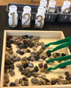 rocks in a tray with plastic numbers and green handles