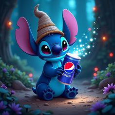 a cartoon character holding a can of pepsi in the middle of a forest with purple flowers