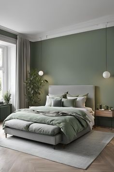 a bedroom with green walls and a bed in the middle, along with a rug on the floor