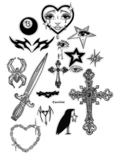 various tattoos and crosses on a white background