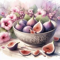 a painting of figs and flowers in a bowl