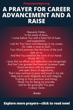 a prayer with the words prayer for career advancement and a raise in red on it