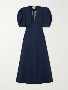 There's a casual elegance to Gabriela Hearst's signature 'Luz' midi dress. Updated this season in dark-blue denim, it has a V-neckline framed by voluminous puffed sleeves and a classic A-line silhouette. Use the ties at the back to define your waist. Dark Blue Dress, Denim Midi Dress, Gabriela Hearst, Exclusive Dress, Fairy Dress, Blue Midi Dress, Puffed Sleeves, Casual Elegance, Blue Dark