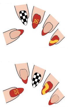 Cars Nails Designs, Formula 1 Nail Art Ferrari, Ferrari Nails F1, F1 Nail Ideas, Formula 1 Nails Designs, Formula 1 Outfit Women Ferrari, Easy Almond Nail Designs Summer, Ktm Nails, Ferrari Nail Art