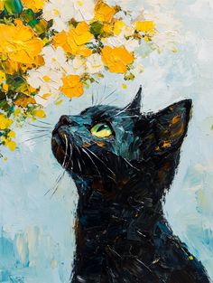 a painting of a black cat with yellow flowers in it's mouth looking up