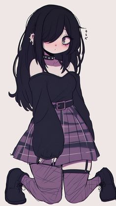 a drawing of a girl with black hair wearing a purple dress and knee high boots