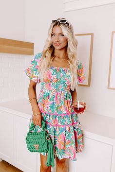 Tropical Dream Mini Dress Summer Floral Print Chiffon Mini Dress, Beach Floral Mini Dress, Vibrant Green Vacation Dress, Summer Floral Print Mini Dress For Brunch, Vibrant Green Dress For Vacation, Tropical Print Mini Dress For Beach Season, Tropical Print Mini Dress For Beachwear, Tropical Style Mini Dress, Beachwear Mini Dress With Tropical Print