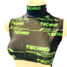 GREEN TECHNO ✹UV GLOW✹ Includes an underboob mock neck crop top that is sleeveless . GREEN TECHNO is a 4-way stretch polyester spandex blend that is reflective , which fits tight and stretches to include a variety of body types. Fabric pattern can vary from item to item.  Our products are made to order, please review our store policies before purchasing because refunds are not available after purchase. International shipping available. Hand fan can be purchased separately! This listing is for th Underboob Crop Top, Green Top Outfit, Crop Top Sleeveless, Mock Neck Crop Top, Festival Tops, Neck Crop Top, Green Tops, Fabric Pattern, Top Sleeveless