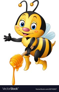 a cartoon bee flying with a honey dripping from it's belly and holding a wooden stick