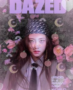 a girl with long hair wearing a hat and tie in front of pink flowers on the cover of dazed magazine