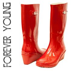 Brand New Glossy Woman Rainboots By Forever Young. Striking Shiny Red Outer, Completely Waterproof, Cotton Lining, Removable Inner Sole. Approx 15" Tall & Approx 15" In Circumference. 100% Rubber Rain Boot!!! They Are Taller Than Galoshes With A 2" Wedge, More Fancy Than Wellies, And Protect Your Feet Better While You Garden Or Just Walk In The Fall Or Winter Rain. Not Made For Wide Calves. Run Half A Size Larger Than Regular Shoes. Stay Dry To The Knee In This True Statement In Ladies' Shoes Fa Red Rain Boots, Pink Rain Boots, Garden Boots, Ankle Rain Boots, Womens Rain Boots, Rain Boot, Wide Calf, Forever Young, In The Fall