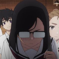 an anime character with glasses and other characters in the background