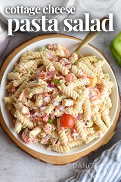 White bowl with a healthy side dish - creamy cottage cheese pasta salad! Protein Sides Dishes, Cottage Cheese Salad Recipes Veggies, Cottage Cheese Shrimp Salad, Healthier Pasta Salad, Healthy High Protein Pasta Salad, Cottage Cheese And Vegetables, Salads With Cottage Cheese, Dinner With Cottage Cheese