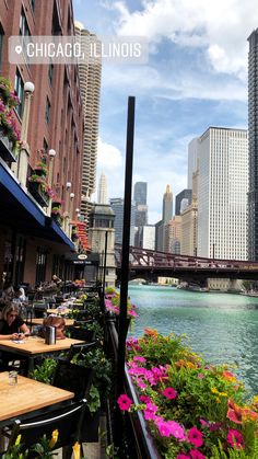 a river runs through the middle of a city with tall buildings and flowers in front of it