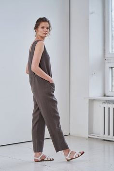 MsWrinkle’s clothing – from human to human.  100% handmade.*Description*- Free fit linen cross back jumpsuit with pockets on front.- High quality European linen;- Washed and softened (doesn't shrink anymore);- Medium weight linen (150 g/m2);- Our linen is OEKO-TEX certified that meets human ecological safety requirements;- Model is wearing size S in greyish brown and honey yellow (other sizes and colours please choose on the right);- Not transparent;- Not ironed and we suggest to use tumble drye Casual Linen Overalls With Relaxed Fit, Casual Linen Overall Jumpsuits And Rompers, Casual Linen Overalls Jumpsuit, Casual Linen Overalls And Rompers, Relaxed Fit Linen Overalls With Pockets, Linen Overall Jumpsuit With Pockets, Linen Overalls With Pockets, Linen Overall Jumpsuits And Rompers With Pockets, Casual Sleeveless Linen Jumpsuits And Rompers