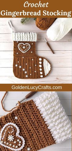 crochet gingerbread stocking is shown in two different pictures, and the bottom has