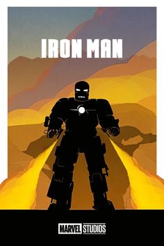 the iron man poster is shown in front of a desert landscape with yellow and blue colors