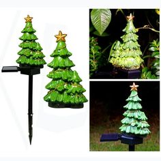 three green christmas trees with gold stars on them, one is in the shape of a tree