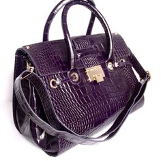 JIMMY CHOO   Purple Croc Stamped Leather Rosalie Satchel Bag Double top handles, 4.5" drop Adjustable detachable shoulder strap, 9¾"-23" drop Flap-lock closure Protective metal feet One inside zip pocket One inside open pocket Suede lining 13.5"W X 9.5"H X 7"D   Made In Italy.   Condition: New without tags.  This bag was a display, never worn or used.  Leather is clean and free of stains.  Inside the bag, on the lining there is a mark from a marker.  Please look at the pictures.    Msrp - $2190 Top Handle Satchel With Hasp Closure For Shopping, Designer Rectangular Satchel With Hasp Closure, Designer Top Handle Bag With Hasp Closure, Luxury Shoulder Bag With Top Handle And Hasp Closure, Luxury Tote Bag With Hasp Closure, Designer Top Handle Satchel With Hasp Closure, Designer Satchel With Hasp Closure And Top Handle, Luxury Satchel With Hasp Closure For Shopping, Luxury Satchel With Hasp Closure For Everyday Use