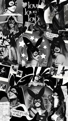 black and white collage with images of women in masks, stars, and hearts