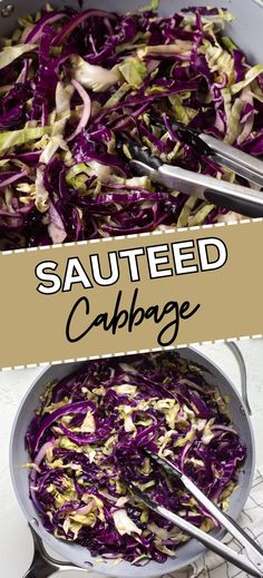 Collage of large skillet full of sauteed cabbage at top and bottom. Sautéed Cabbage, Cabbage Side Dish, Flake Recipes, Sweet Potato Buns, Easy Coleslaw, Sauteed Cabbage, Magically Delicious, Healthy Burger, Cabbage Recipe