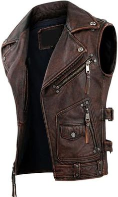 Descendants Dr, Mens Motorcycle Boots, Leather Biker Vest, Vest Patches, Leather Hip Bag, Leather Suspenders, Biker Vest, Brown Vest, Leather Gear