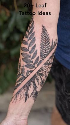 a man's arm with tattoos on it and the words 20 leaf tattoo ideas