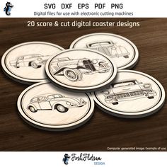 four wooden coasters with cars on them, and the words svg dxf eps