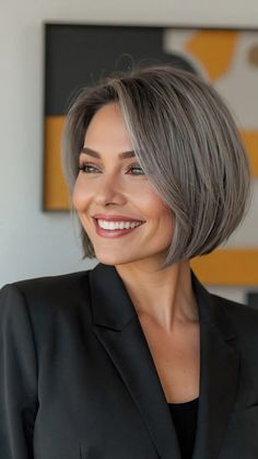 Ash Grey Bob Hairstyles, Salt And Pepper Hair Bob, Grey Layered Bob, Grey Hair Fringe, Silver Bobs, Grey Bobs, Short Shoulder Length Hair, Bobs With Bangs, Brown Bob Hair