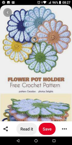 the crochet flower pot holder pattern is shown in two different colors and sizes