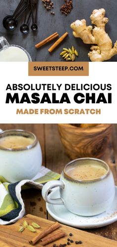 two cups of masala chai with cinnamons and anise on the side