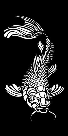 a black and white drawing of a koi fish on a dark background with the letter s in it's center