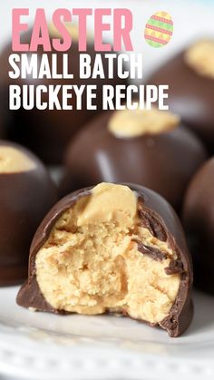 chocolate covered peanut butter balls on a plate with text overlay that reads, easter small batch buckeye recipe