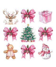 watercolor christmas stickers with pink bows, snowman, deer, and tree