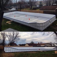 two pictures of an ice rink in the yard, one is covered with tarp