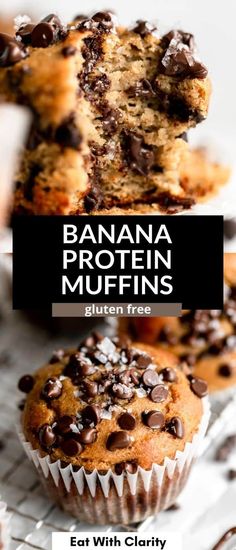 banana protein muffins with chocolate chips on top and the title overlay reads, eat with clarify