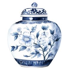 a blue and white vase with flowers painted on it