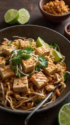 tofu and noodles in a bowl with limes on the side