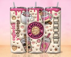 two pink and white cups with different types of drinks on them, one is filled with ice cream the other has hot chocolate